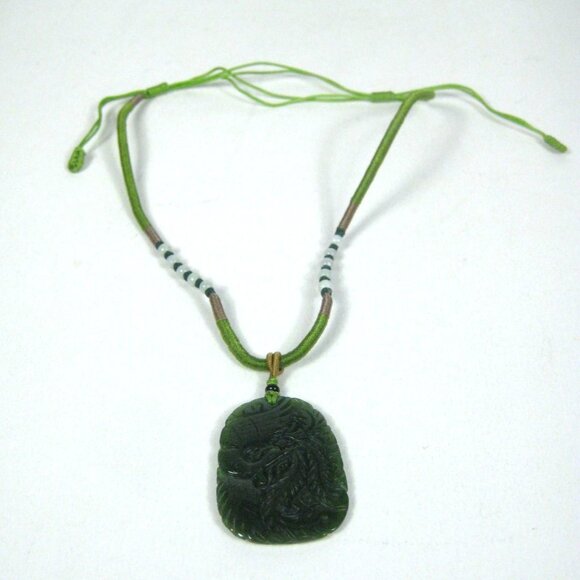 Carved Jade Stone Pendant Dragon Phoenix Adjustable Cord Necklace 15 inch Leaf - Picture 1 of 11